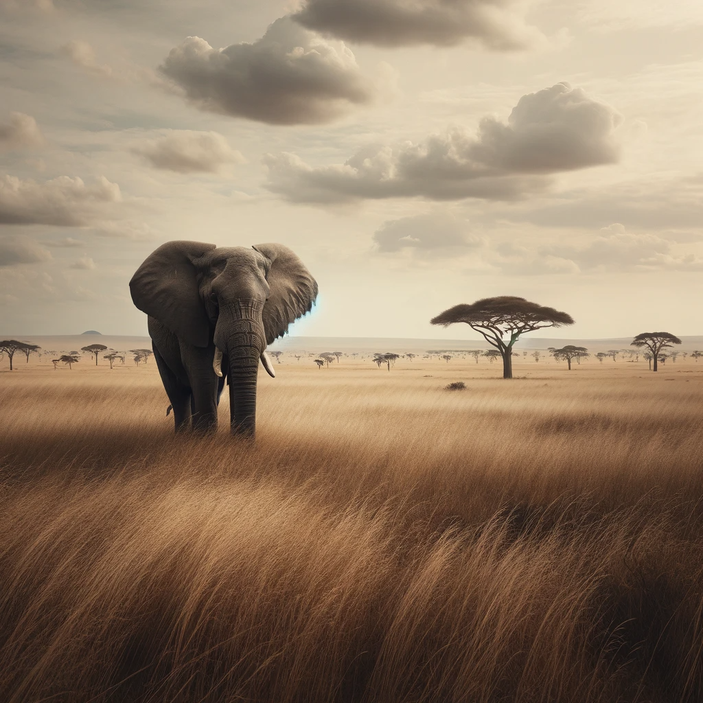 DALL·E 2023-12-23 18.34.56 - A solitary elephant standing in a vast, open savanna. The landscape is dotted with sparse, dry grass and a few distant acacia trees under a wide, expa